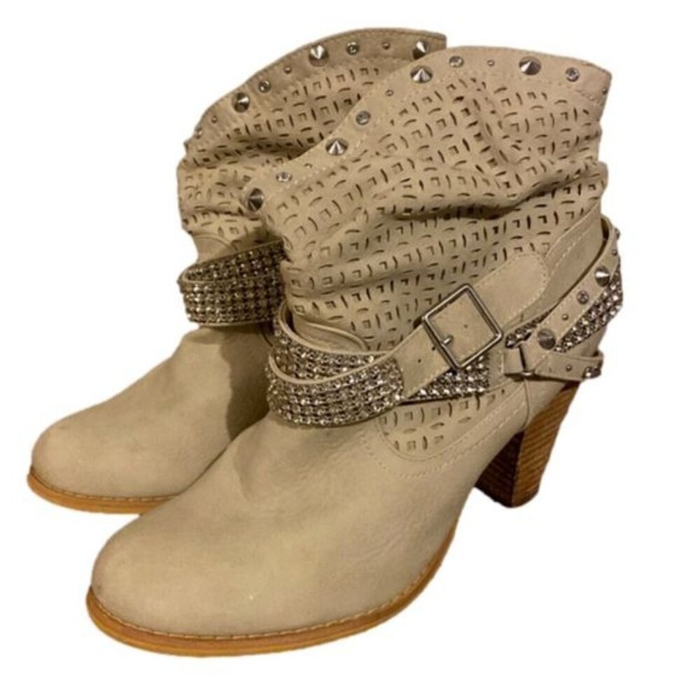 Tan Bling Chunky Heel Slouch Boots sz 10